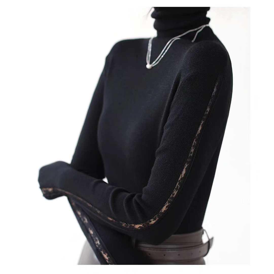 秋季新款羊毛打底毛衣蕾丝拼接高领针织衫女百搭秋冬长袖保暖