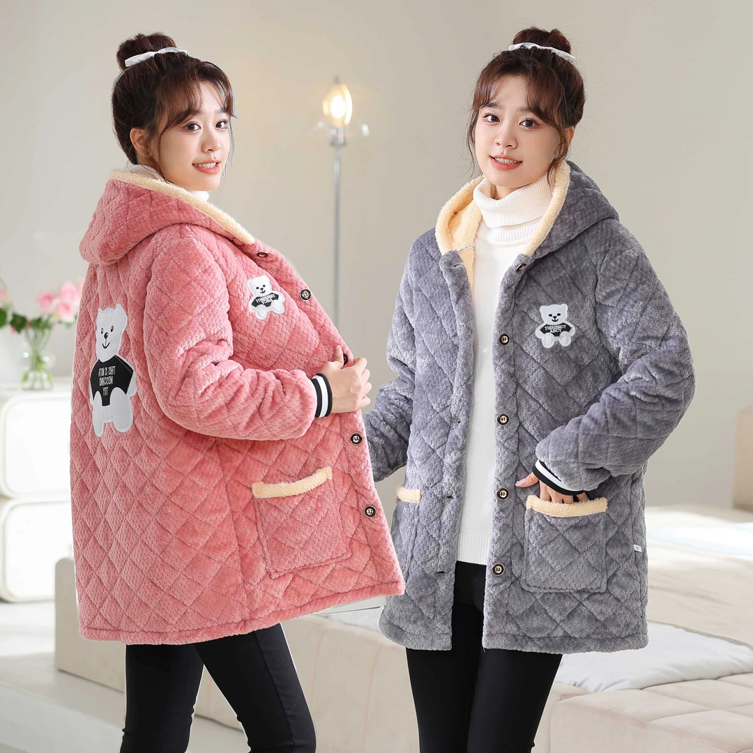 韩版冬季中长款加绒加厚罩衣女外穿连帽妈妈装保暖耐脏棉服宽松