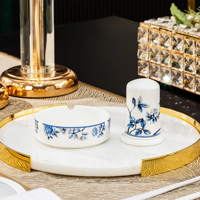 【青花孔雀餐具套装diy】陶瓷烟灰缸牙签筒中式家用易清洗