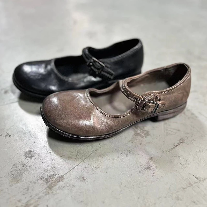 法式复古水洗做旧手工马皮鞋平跟浅口圆头文艺玛丽珍女鞋