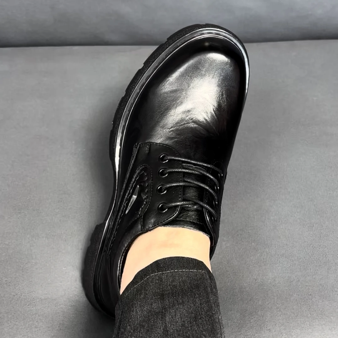 【雷述富】品牌男士头层牛皮大头皮鞋、黑色全皮、橡胶底高4厘米真皮