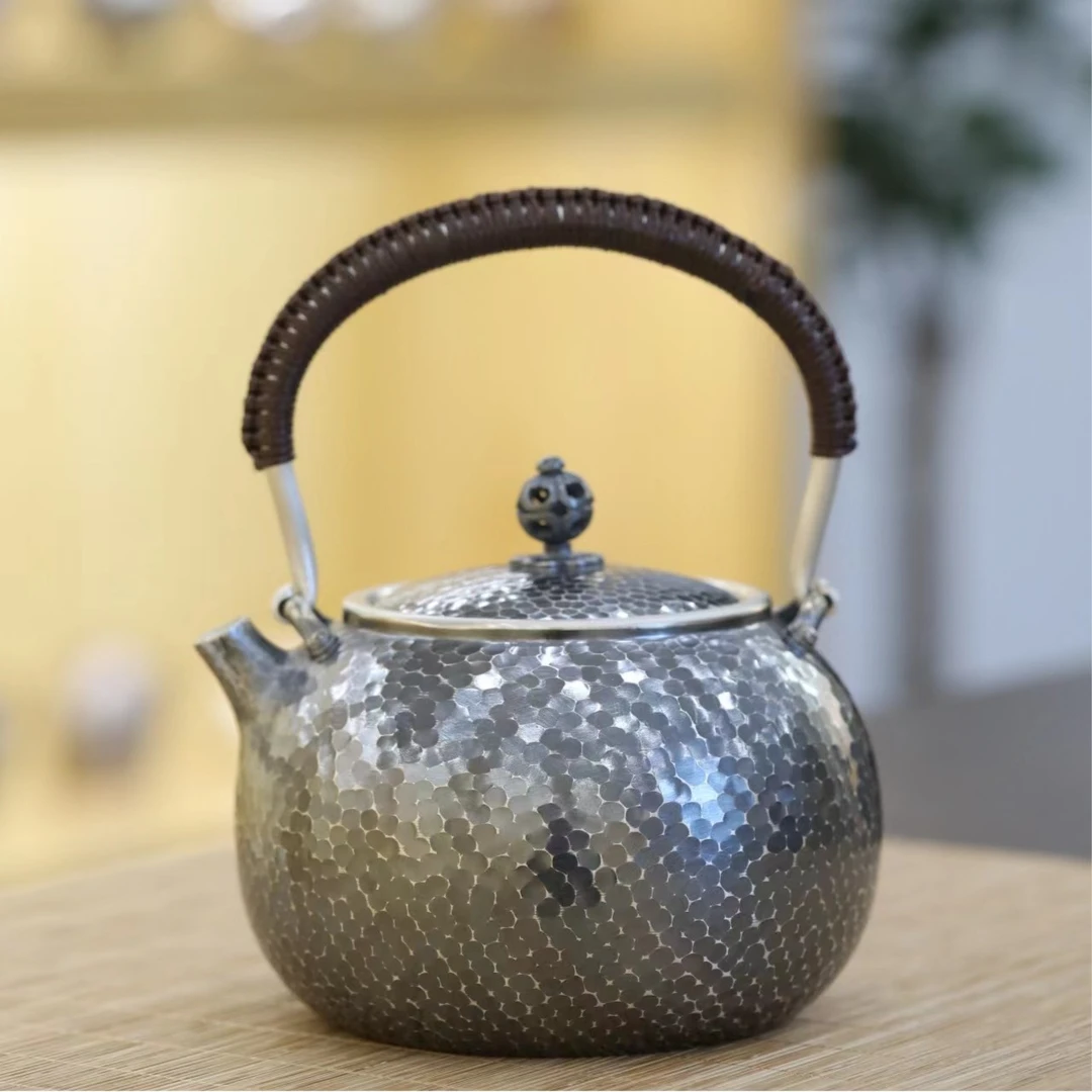 【银壶老罗】手工一张打做旧锤纹提梁烧水壶复古做旧简约足银999