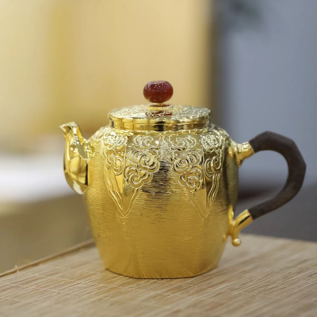 【银壶老罗】手工一张打木把金色六方云纹泡茶壶复古简约风足银999