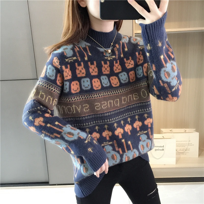 【可儿家】秋冬新品半高领卡通提花宽松毛衣女长袖内搭针织衫上衣