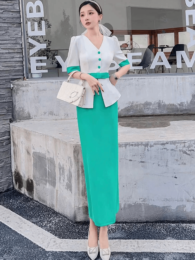 61103-B-8-7-3 夏女新款高级感修身包臀显瘦遮肚子职业休闲连衣裙
