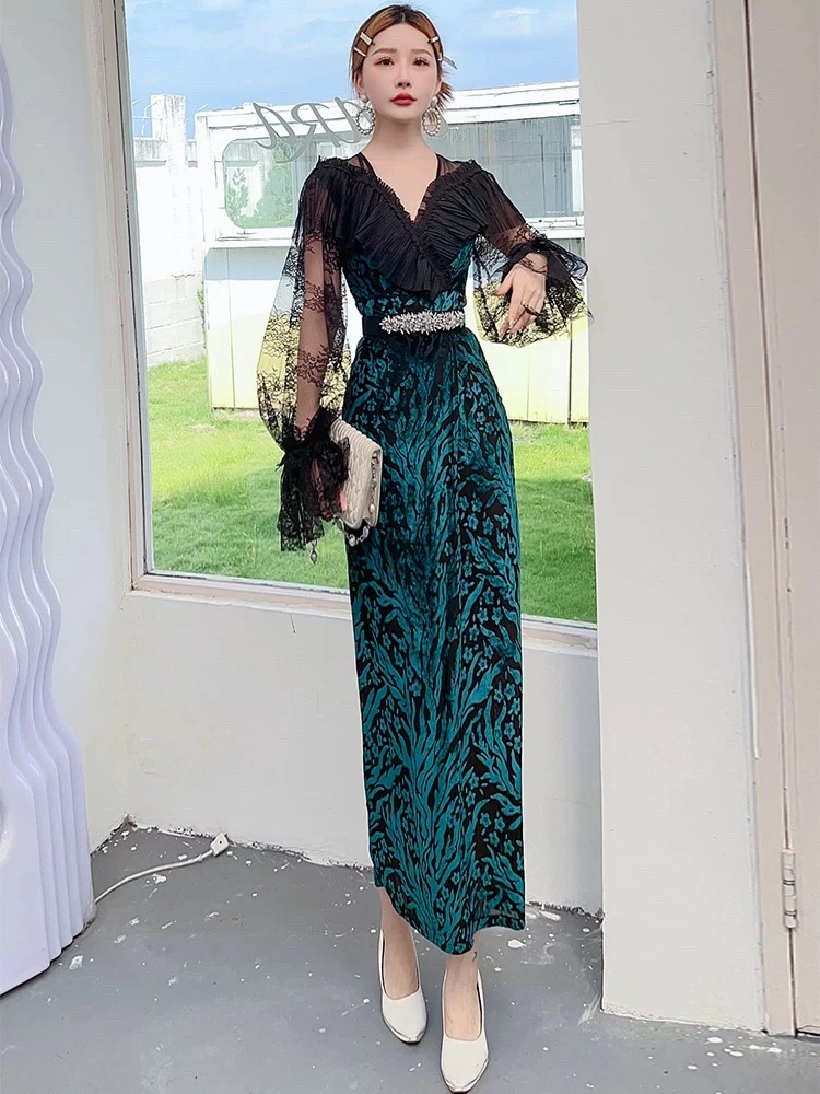 61192-B-1-7-1 复古拼蕾丝绿花长款显瘦连衣裙轻奢时尚设计无腰带