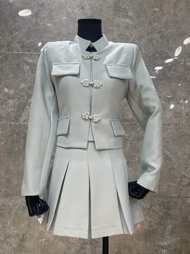 30326-G-8-3-1 新中式新款小香风气质盘扣外套高腰半身短裙两件套