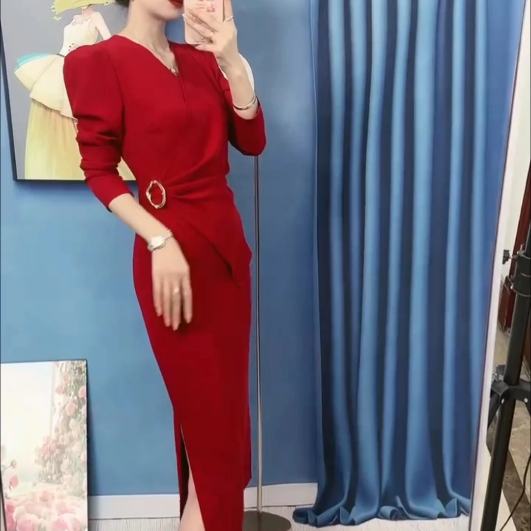 8612-A-1-4-3 长袖v领气质连衣裙子新款修身开叉假两件内搭包臀裙