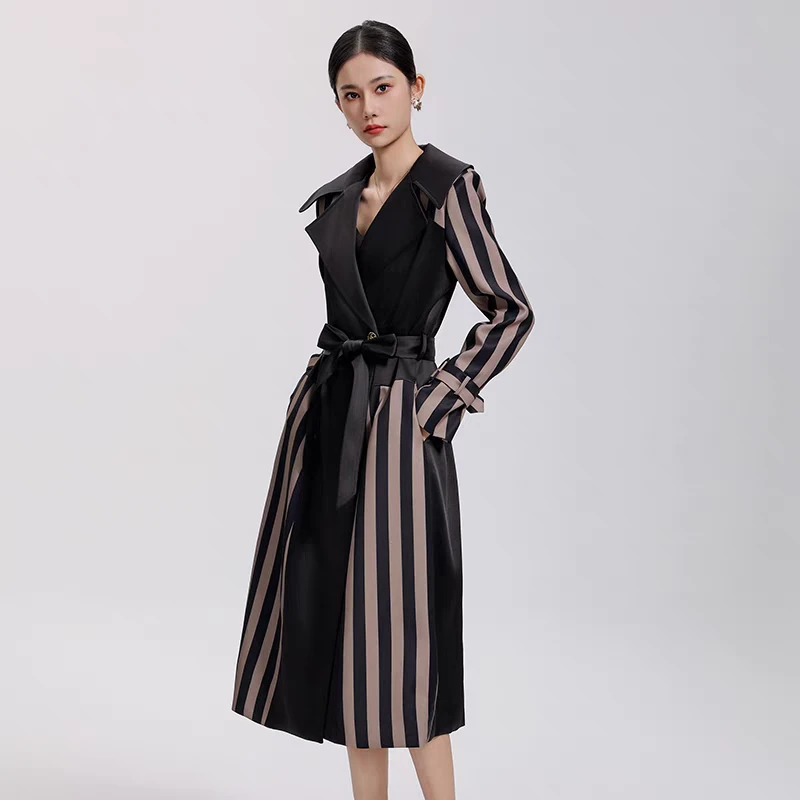 5857-G-4-8-2  条纹醋酸缎面风衣中长款高端气质翻领长袖收腰显瘦