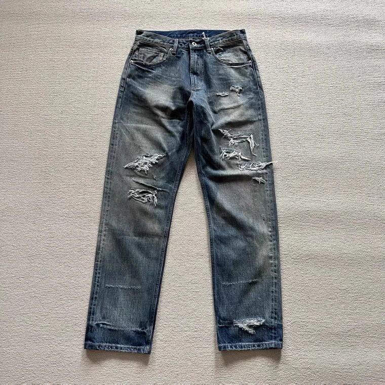23AWK226泥染水洗工艺  重磅16oz赤耳手工刮烂补丁做旧直筒牛仔裤