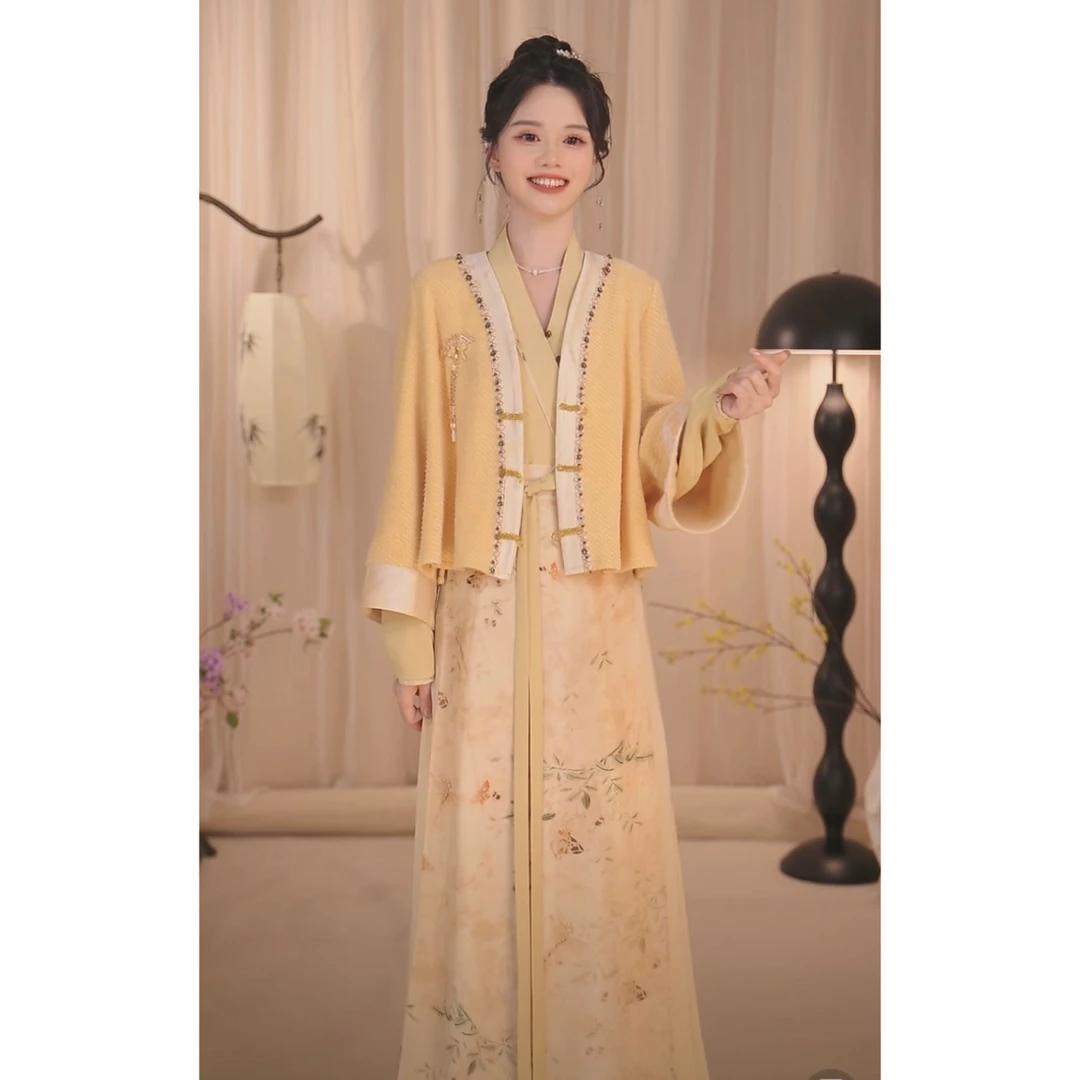 瑶西【金秋明月】汉服中国风交领春款印花设计三件套气质日常套装