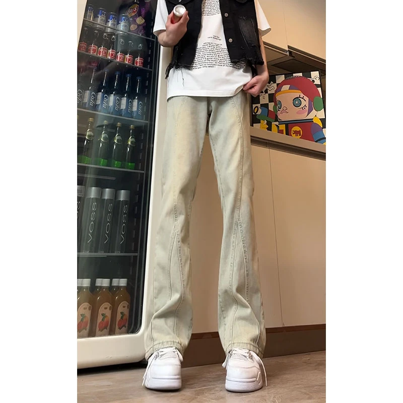 美式vibe高街裤子男款cleanfit水洗黄泥牛仔裤夏季修身直筒微喇裤