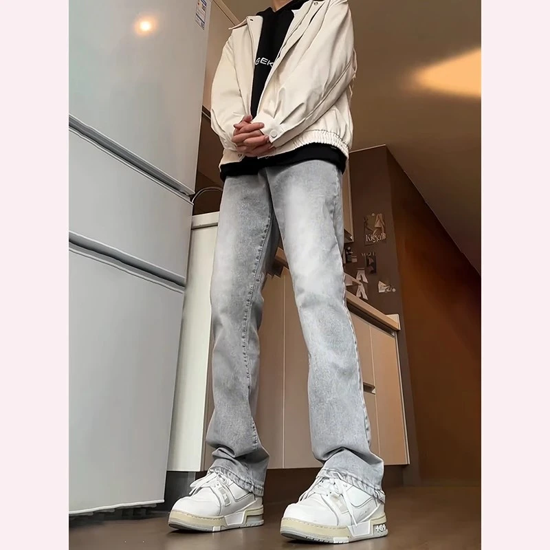 烟灰色高腰牛仔裤加绒男款秋冬美式复古vibe裤子修身高弹力微喇裤