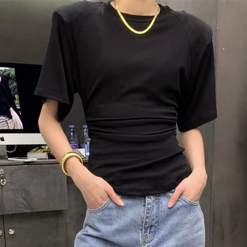 垫肩短袖t恤女收腰圆领棉质高弹显瘦正肩上衣新款内搭打底衫半袖