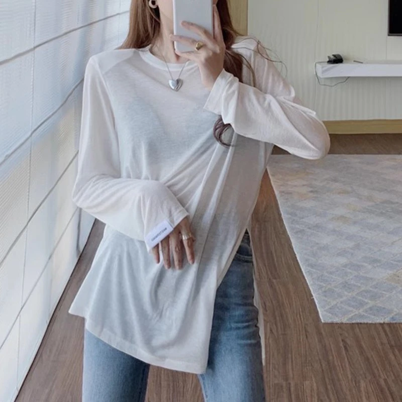 冰丝防晒衫夏季薄款面膜t恤中长款侧开叉长袖垫肩t恤女直角肩上衣