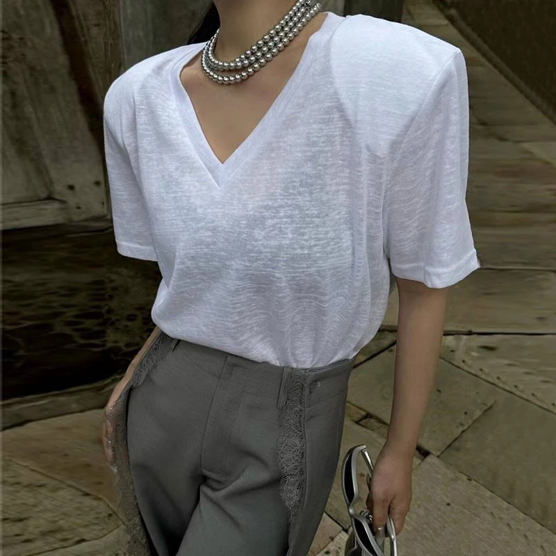 正肩凉感v领t恤女短袖2025夏季新款宽松雪花棉低领打底衫垫肩上衣