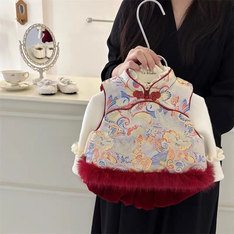 女宝宝女童秋冬季汉服旗袍马甲夹棉中国周岁礼服唐装拜年两件儿童