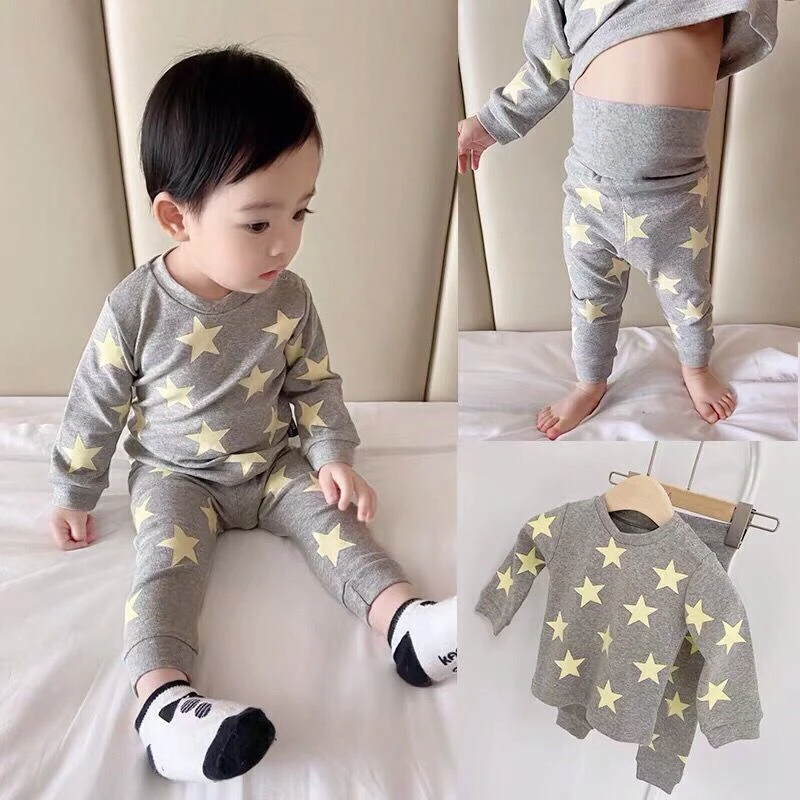 宝宝棉套装春秋款冬季加绒款高腰护肚五角星男女童家居服睡衣潮