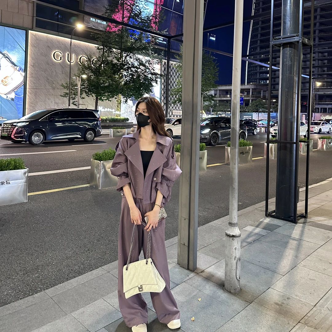 Liixu秋季休闲时尚宽松上衣女显瘦气质阔腿裤套装三件套