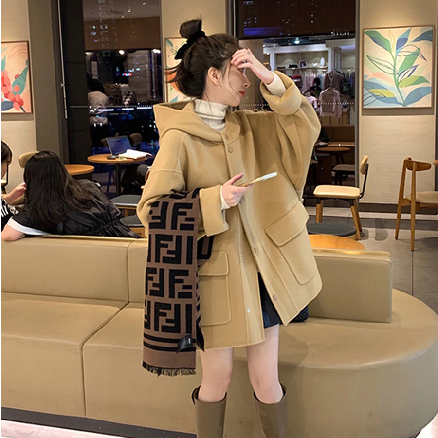 【YR-N186】双面呢大衣女秋冬新品短款连帽毛呢外套宽松休闲小个子