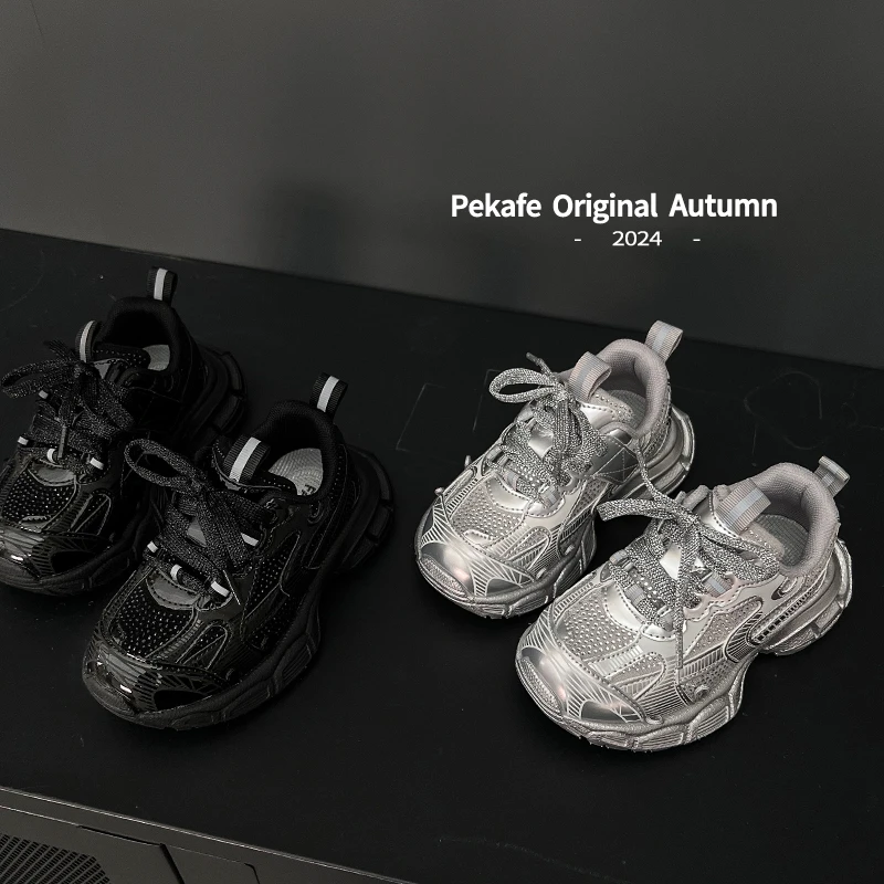 Pekafe秋季儿童老爹鞋水钻女童鞋双鞋带休闲鞋轻盈透气跑鞋男童鞋