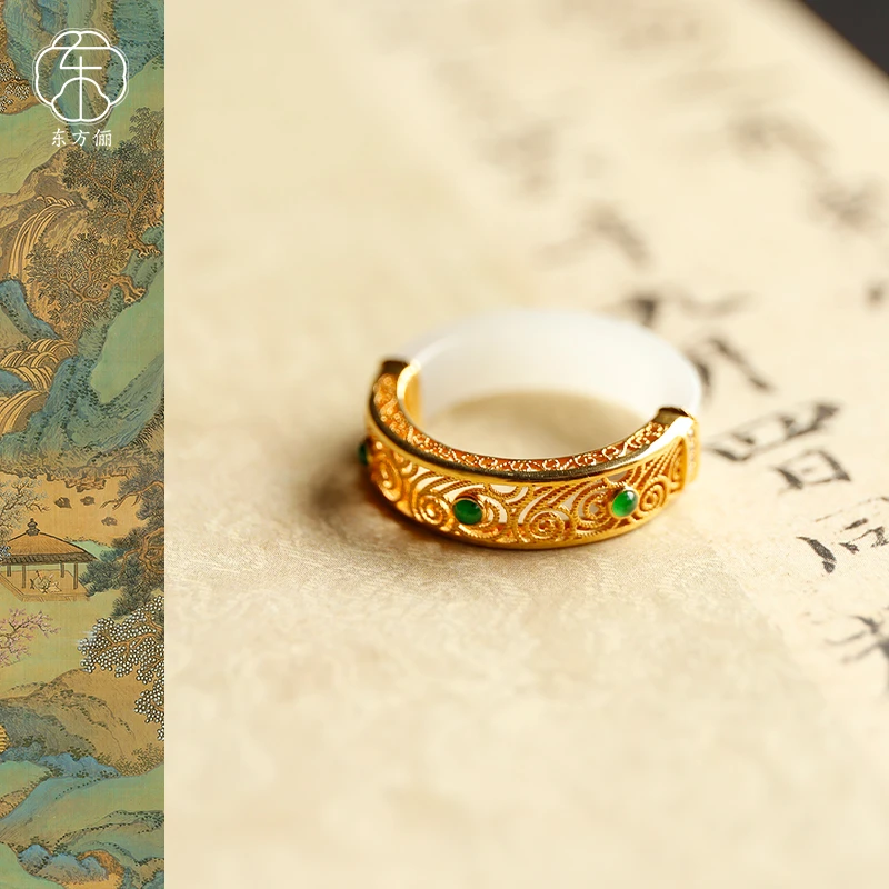 东方俪DOFUNLY【寄秋风】和田玉半金半玉指环18K金国风镶嵌WYJZ空谷