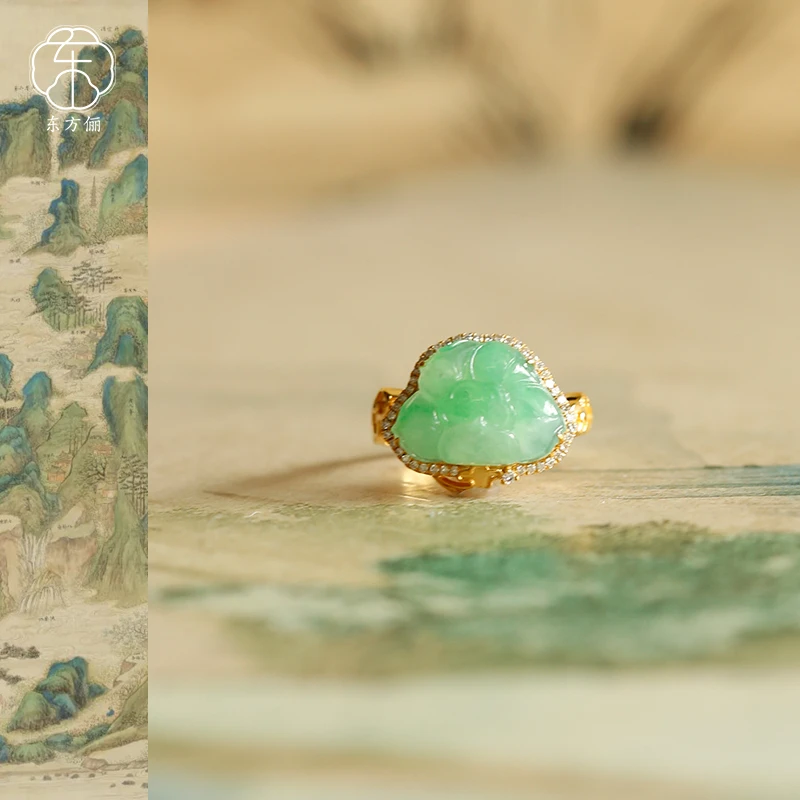东方俪DOFUNLY【许清风】翡翠18K金桃花戒指国风古法镶钻FCJZ空谷