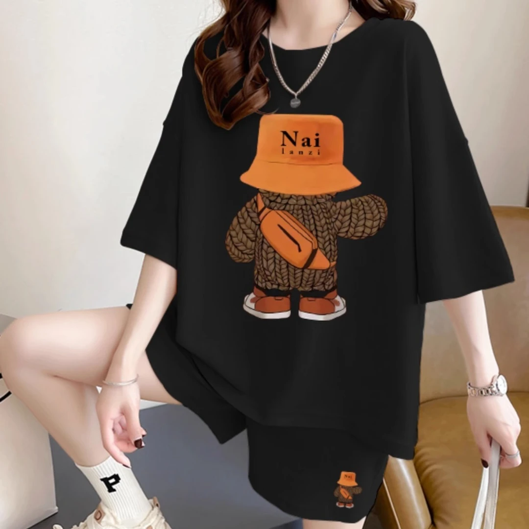 2023夏季新款T恤纯棉卡通运动套装女宽松纯棉短袖短裤两件套上衣
