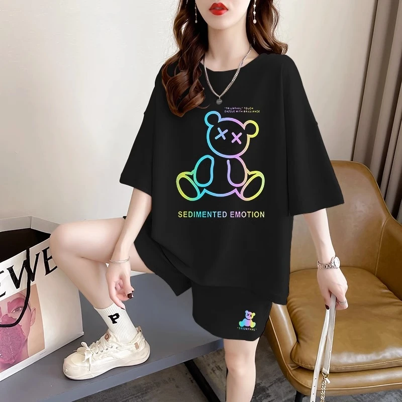 洋气小熊套装女宽松短袖短裤纯棉运动两件套设计感小众t恤女夏装