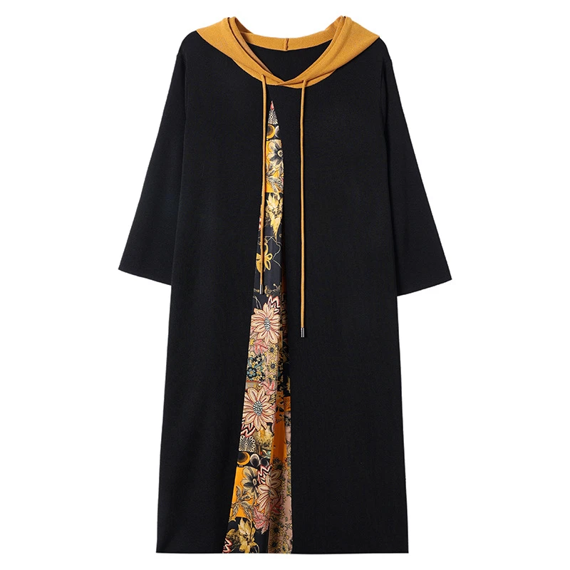 假二件连衣裙女春秋原版新款时尚连帽抽绳a字裙收腰显瘦中长裙子