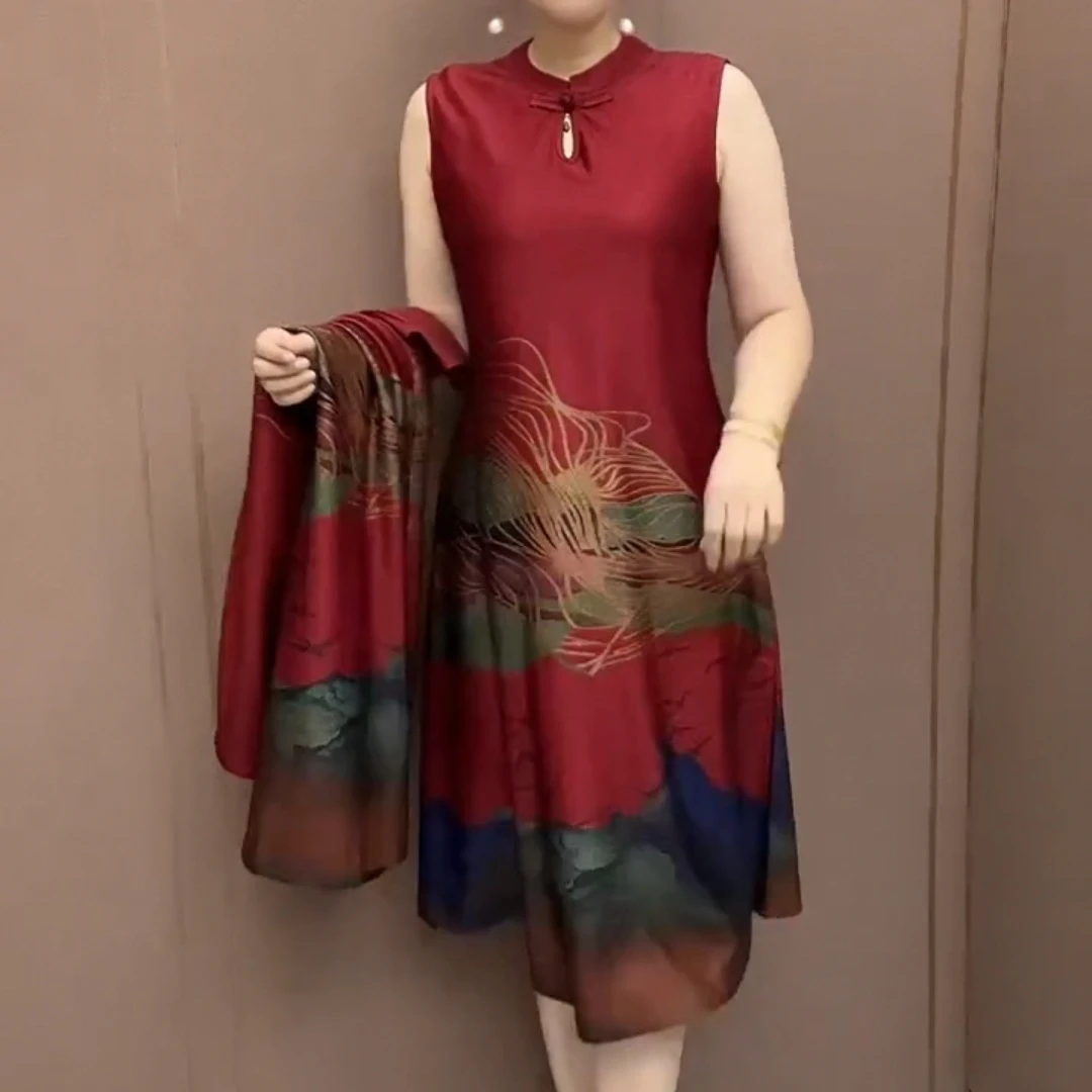 妈妈宽松显瘦两件套套装老年人旗袍裙子女60-70岁洋气款女款衣服