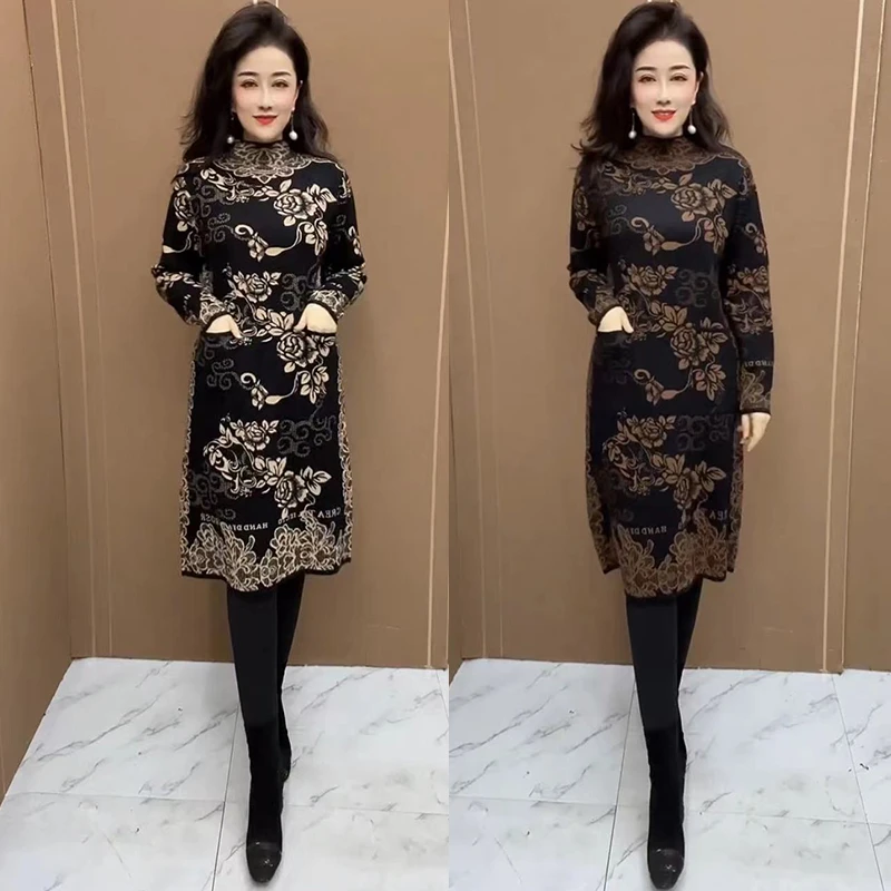 春秋冬弹力中老年妈妈长袖贵夫人针织连衣裙半高领过膝打底裙子