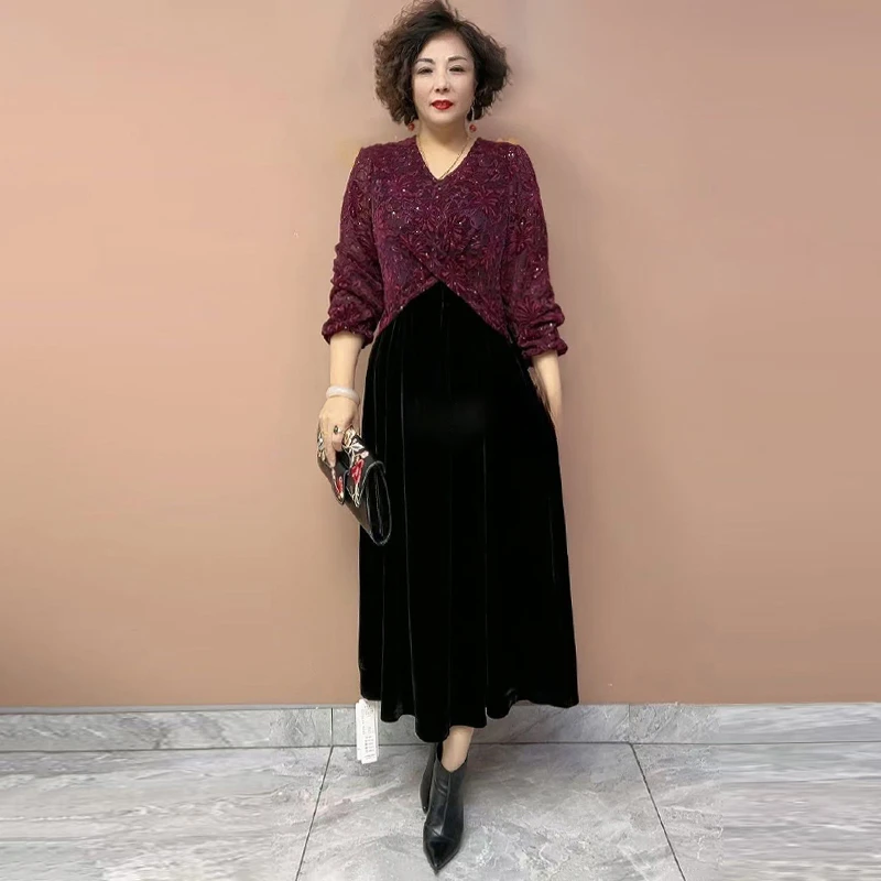 50105秋冬气质妈妈遮肉显瘦阔太太丝绒拼接连衣裙高档阔太太女装