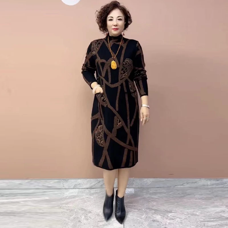 春秋冬长袖弹力高贵贵夫人针织连衣裙半高领过膝显瘦中长款打底裙
