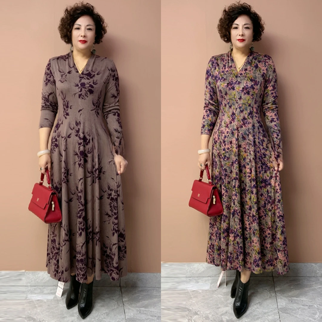 长袖V领秋冬貂绒妈妈连衣裙弹力大码长款大摆妈妈长款内搭打底裙