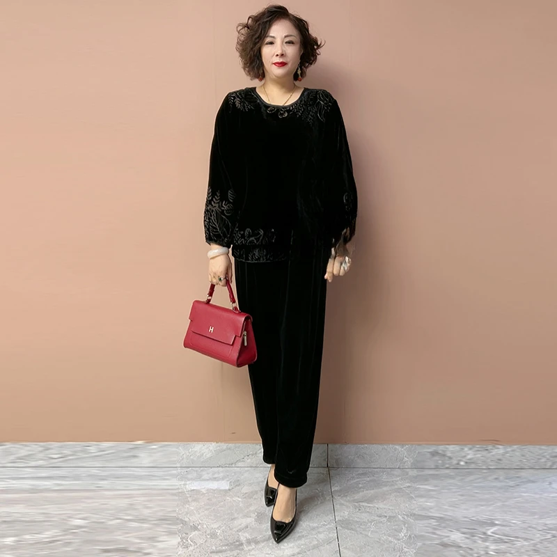 妈妈植绒套装打底可外穿漂亮打底衣上衣母亲洋气休闲衣服小众高档