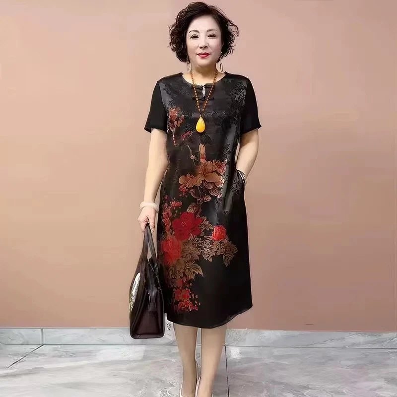 387复古旗袍连衣裙夏季中老年妈妈气质减龄定位花显瘦遮肉短袖裙