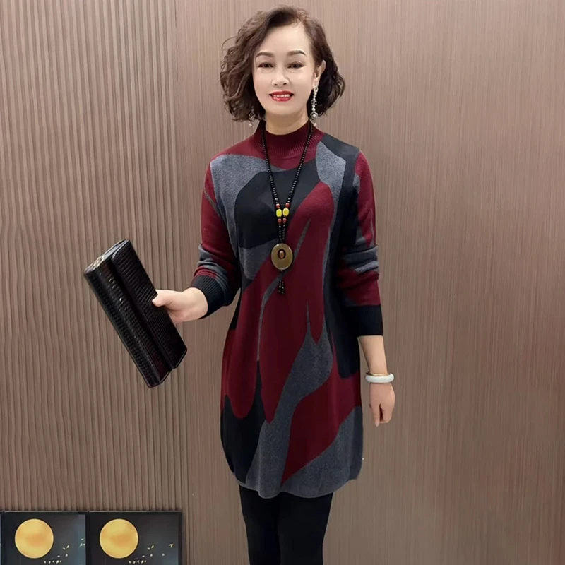 长袖遮肚装中老年妈妈大版衫宽松大码打底女装加肥秋冬中长款毛衣