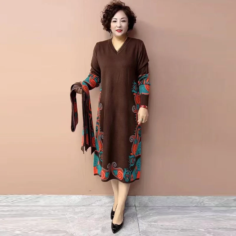 2025春秋打底妈妈针织连衣裙气质优雅宽松花色显瘦套头大码毛衣裙