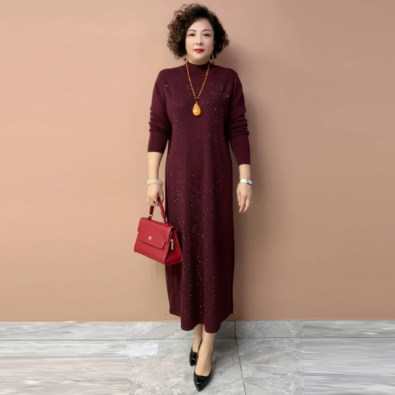 春秋重工烫钻复古大码纯色长裙连衣裙打底裙通勤女装高贵上档次