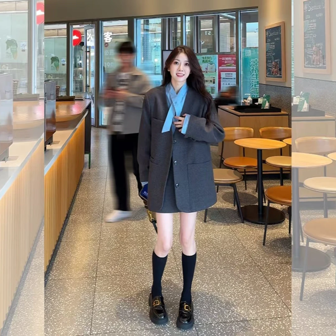 【浅浅专属】韩系百搭气质衬衫拼接毛呢外套半身裙套装-07