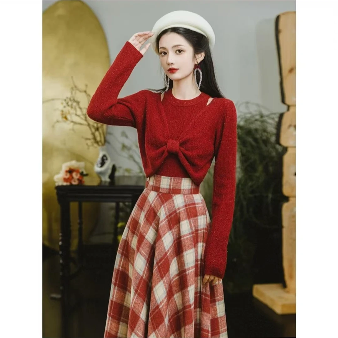 法式穿搭针织套装蝴蝶结挂脖针织上衣搭格子半身裙1706