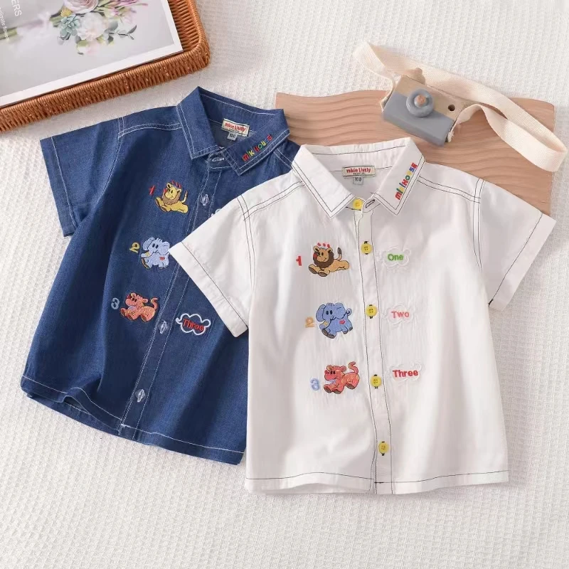 夏款刺绣数字小动物宝宝牛仔短袖