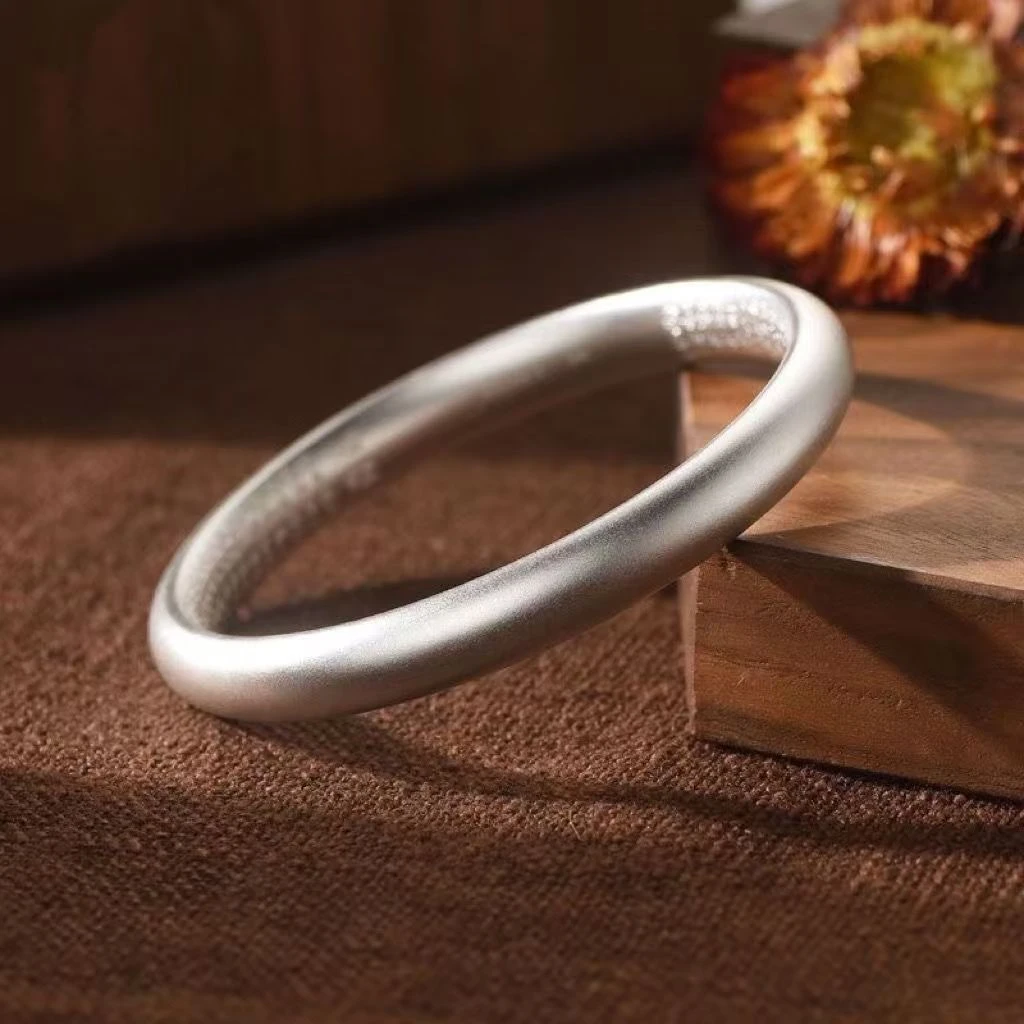 足银手镯 磨砂闭口新经手镯手工时尚百搭素圈经典传承素款