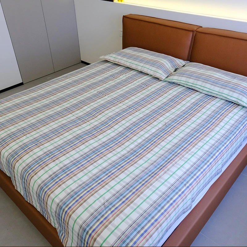 100亚麻床单三件套夏季轻薄双人彩色枕套款条纹简约混色床品套件