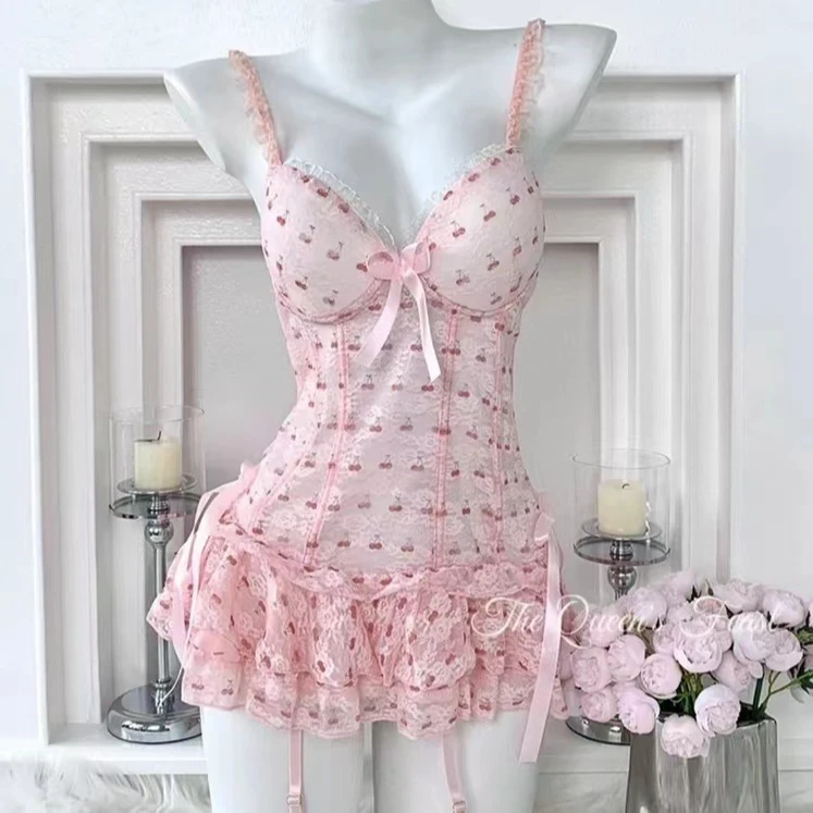 性感修身樱桃马甲套装女式夏季甜美薄蕾丝花边蝴蝶结露背网纱