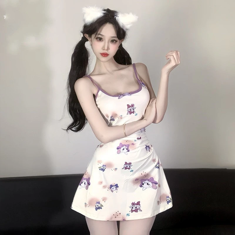 猫咪印花带胸垫修身显瘦连衣裙甜美蝴蝶结吊带裙性感收腰包臀裙