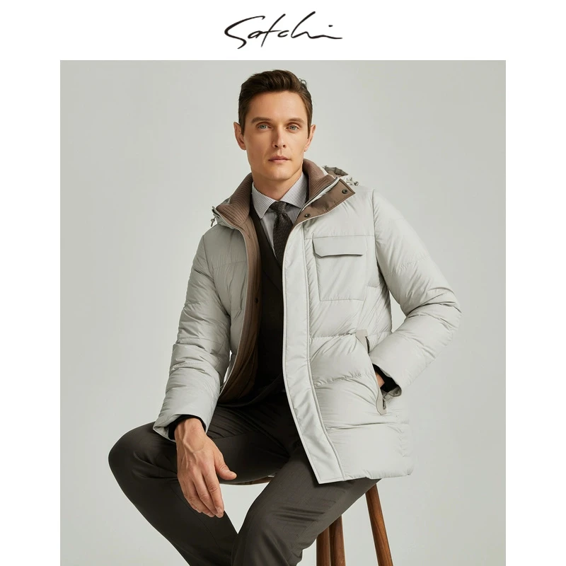 【白鹅绒】Satchi男装男士羽绒服冬季新款中长款保暖连帽外套厚