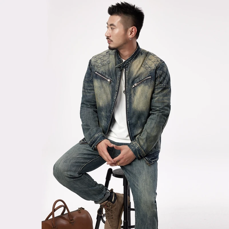 高端复古牛仔夹克男士春秋新款怀旧立领衣服潮流欧货痞帅修身街头