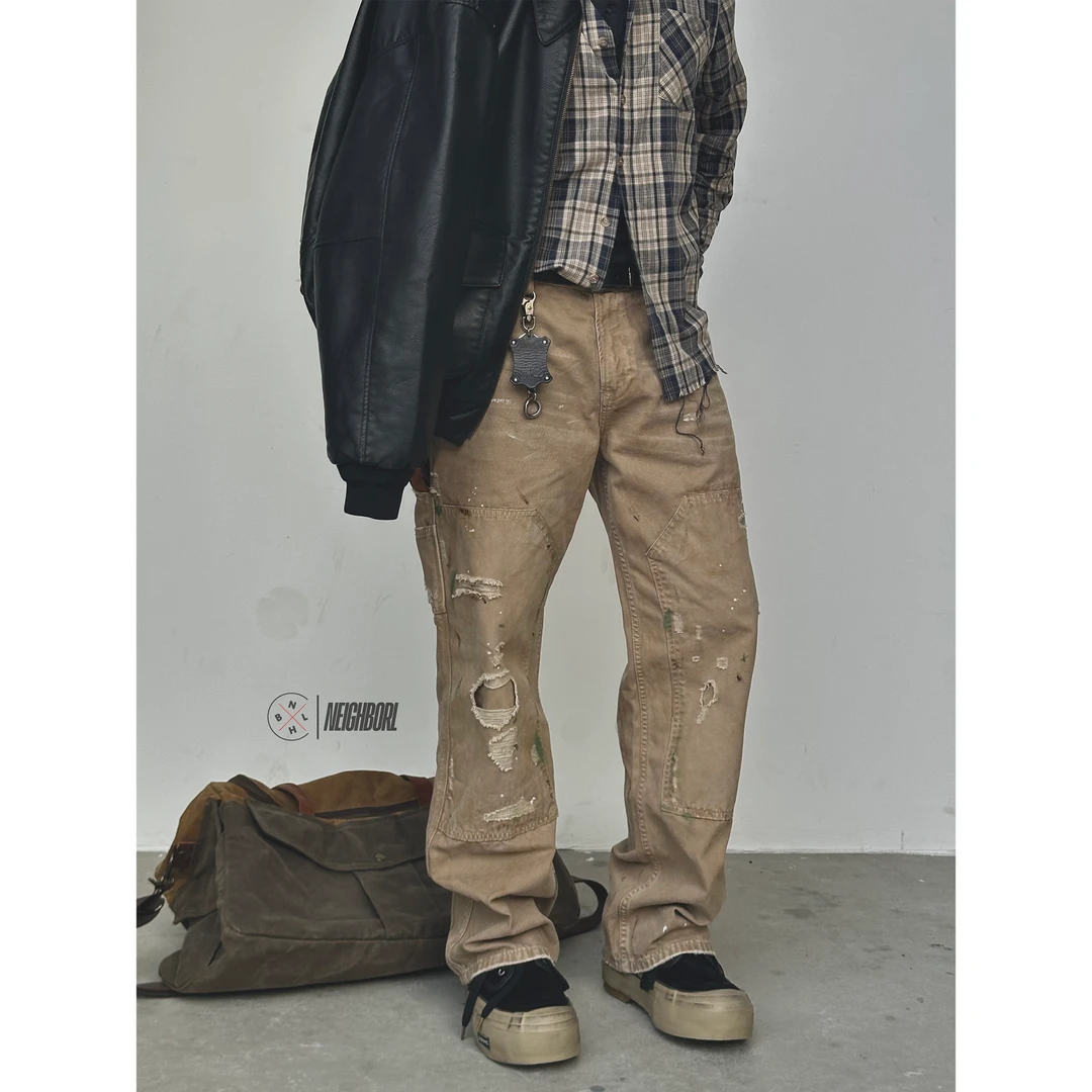 【壁虎】NEIGBORL钊叔制日式复古做旧泼墨水洗破坏风情侣牛仔裤